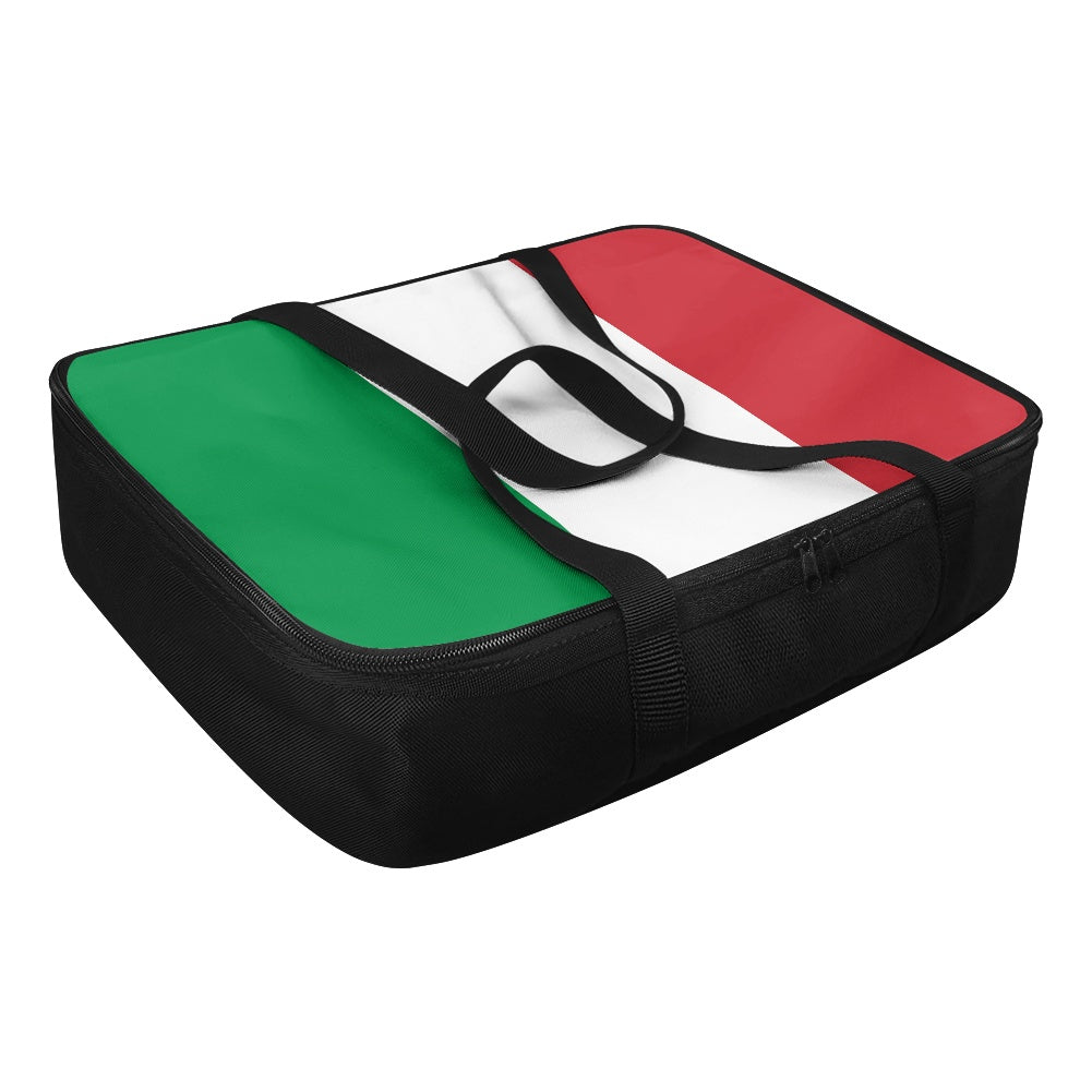 [Brand] bag with Italian flag design, black handles, zipper.