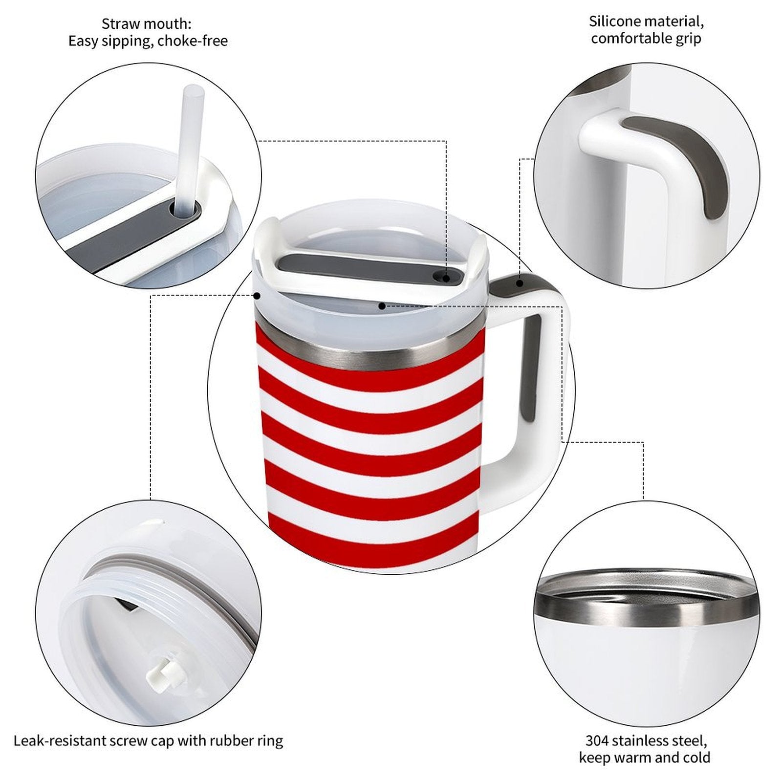 [Brand] mug with red stripes, straw, silicone handle, stainless steel.