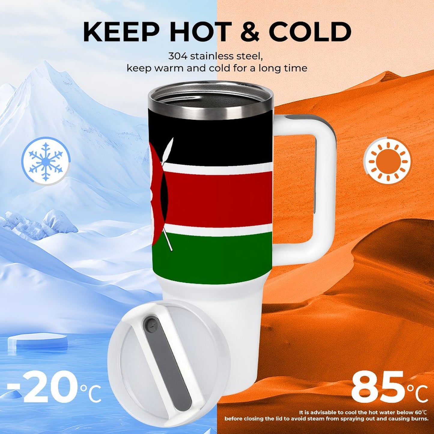 [Brand] mug showing temperature icons, snow and desert backgrounds.