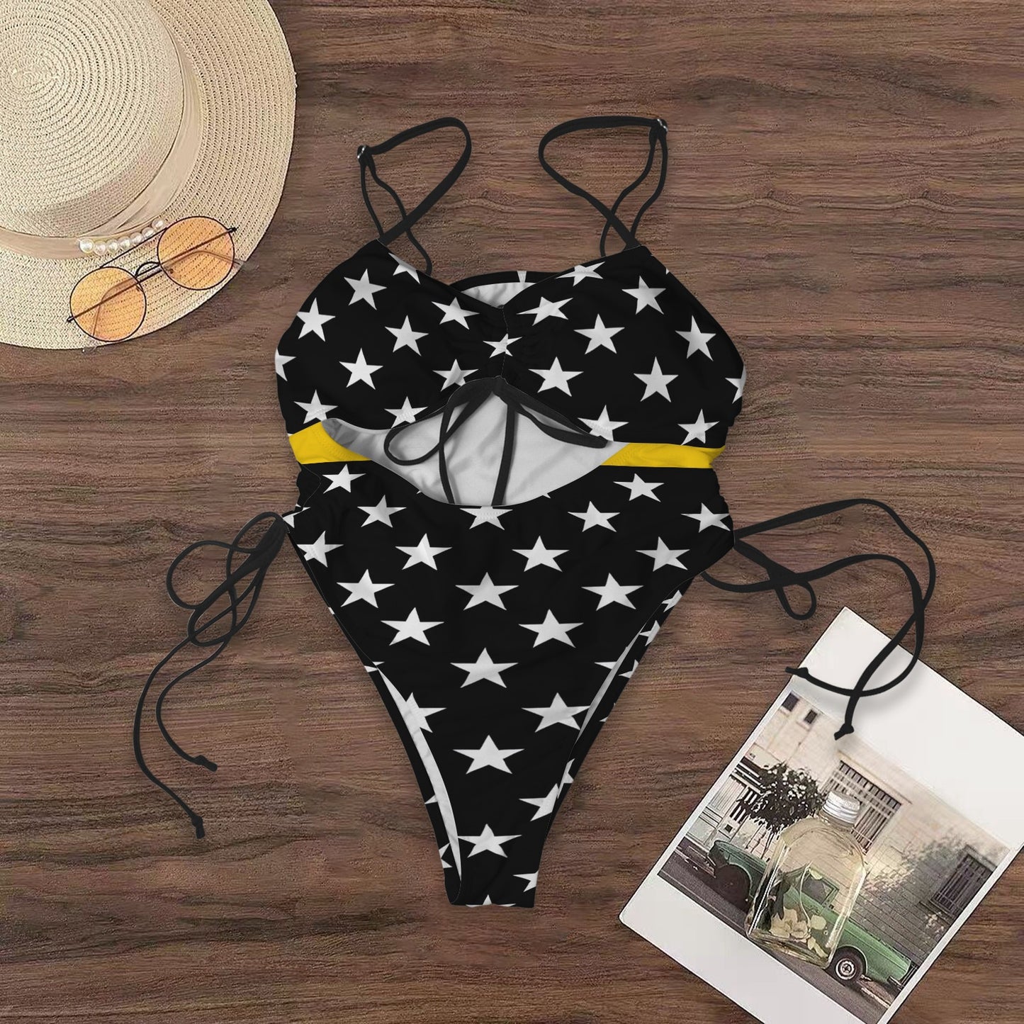 Thin Gold Line Flag Inspired Women's Drawstring Cutout One Piece Swimsuit