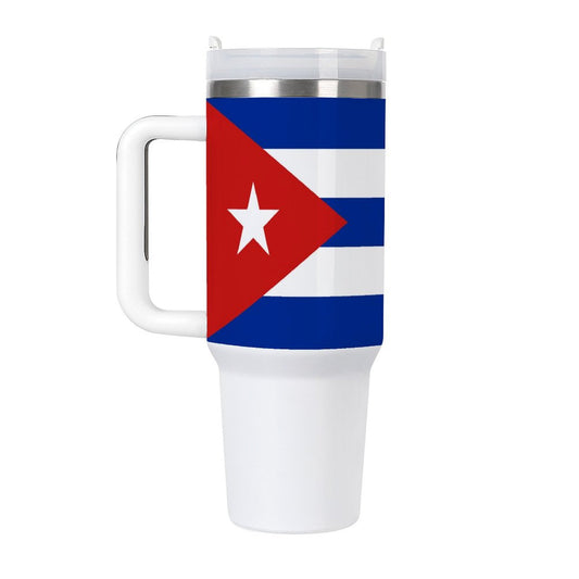 [Brand] travel mug with Cuban flag design, white handle.