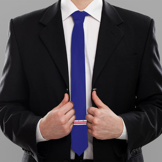 Person wearing a black suit with a white shirt and blue tie on a gray background.  Washington D.C. flag inspired