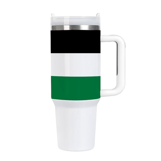[Brand] mug with black, white, and green horizontal stripes.