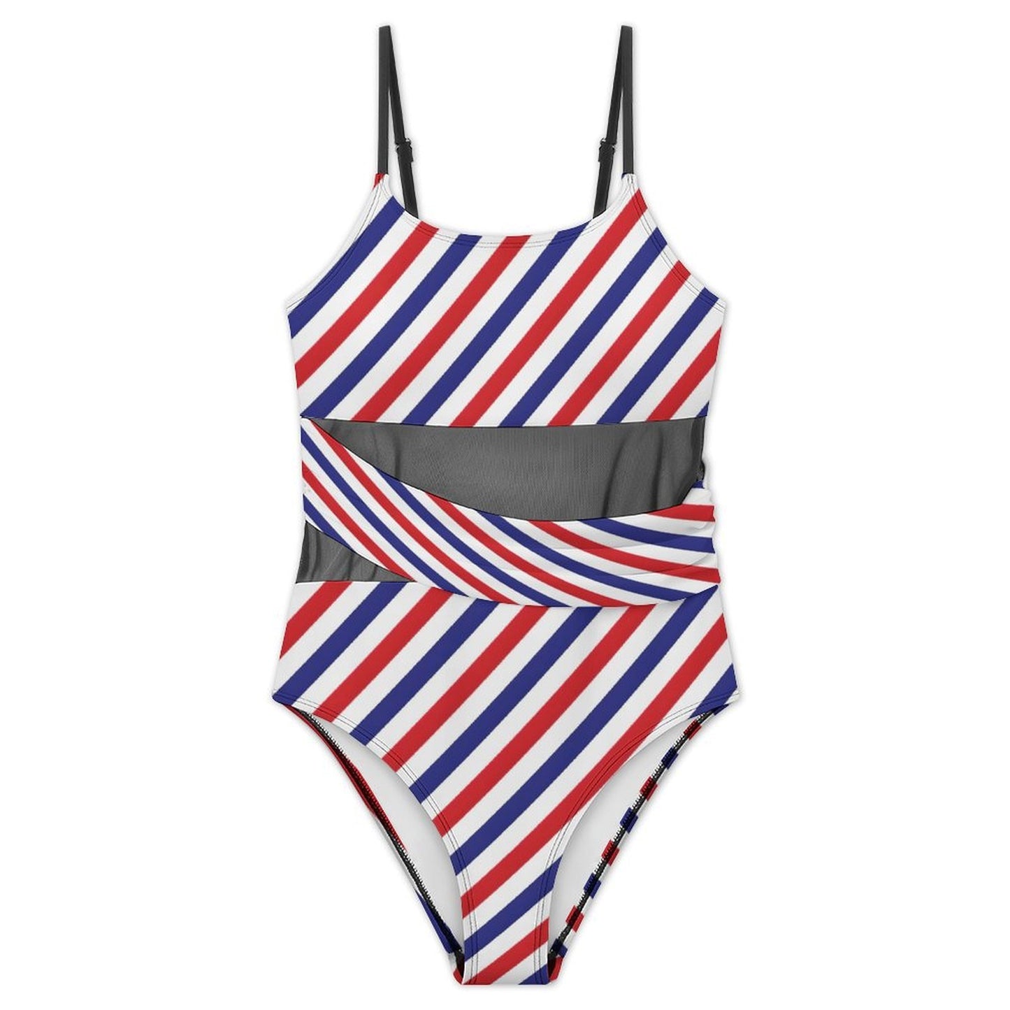 USA/American Flag Inspired Striped Pattern Women's Square Neck Mesh Spliced One Piece Swimsuit