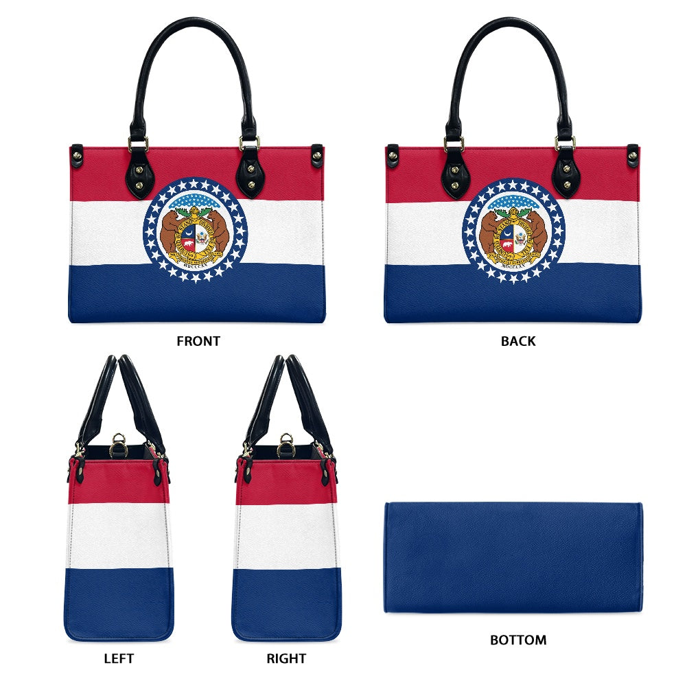 [Brand] handbag featuring Missouri flag design, multiple views shown.