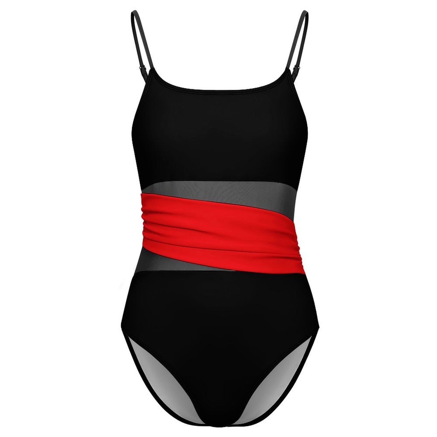 Thin Red Line Flag Inspired Women's Square Neck Mesh Spliced One Piece Swimsuit