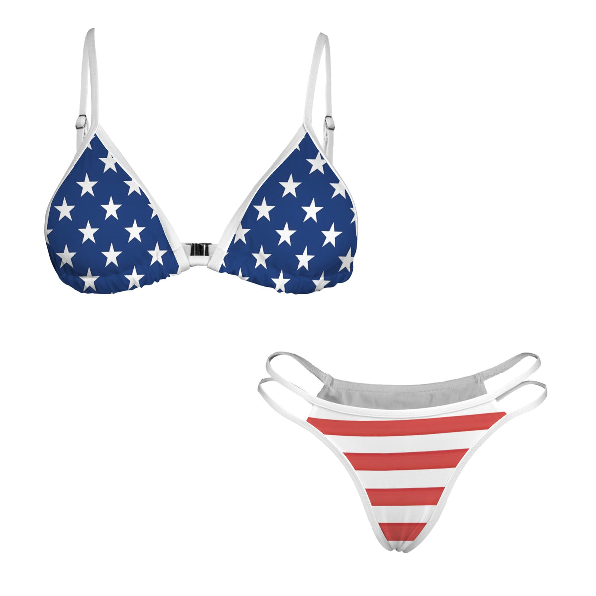 USA/American Flag Inspired Stars Top/Stripes Bottom w/White String Double-Strap Triangle Bikini Set