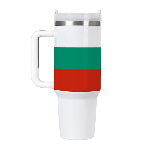 [Brand] travel mug with green and red horizontal stripes.