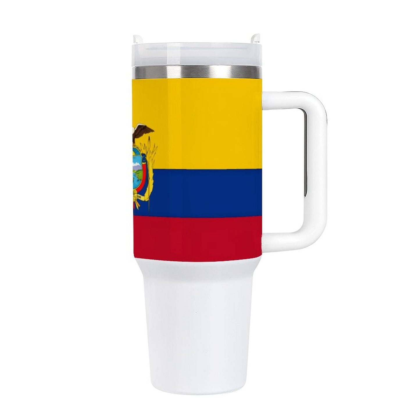 [Brand] mug with Ecuador flag design and white handle.