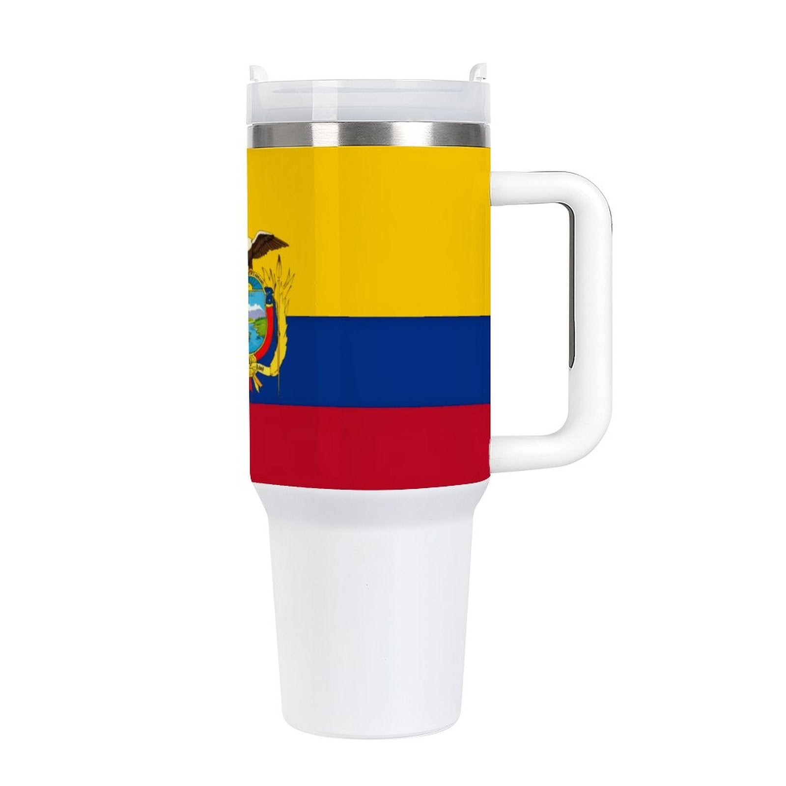 [Brand] mug with Ecuador flag design and white handle.