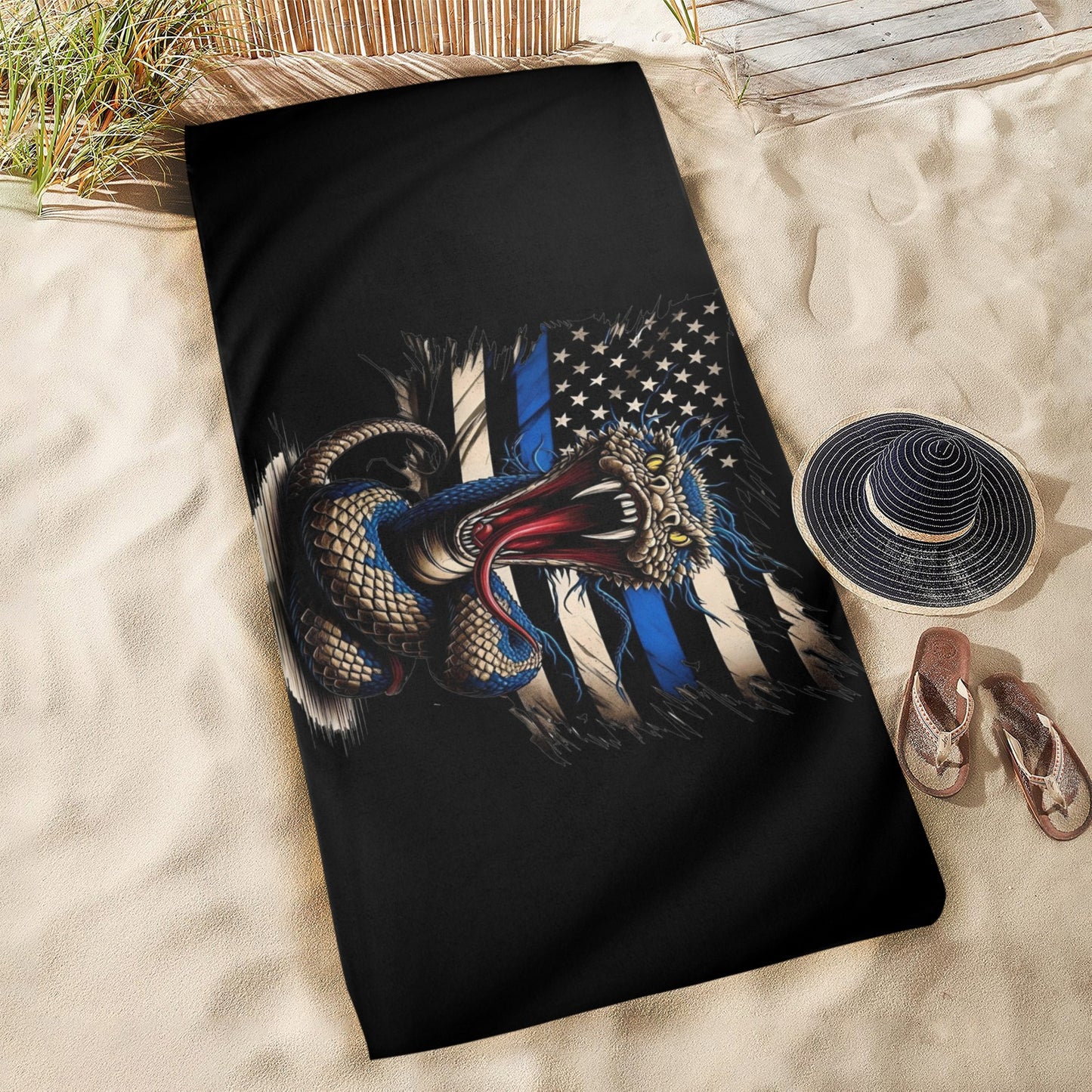 Thin Blue Line Flag Inspired Snake Beach Towel 31"x71 (Made in USA)