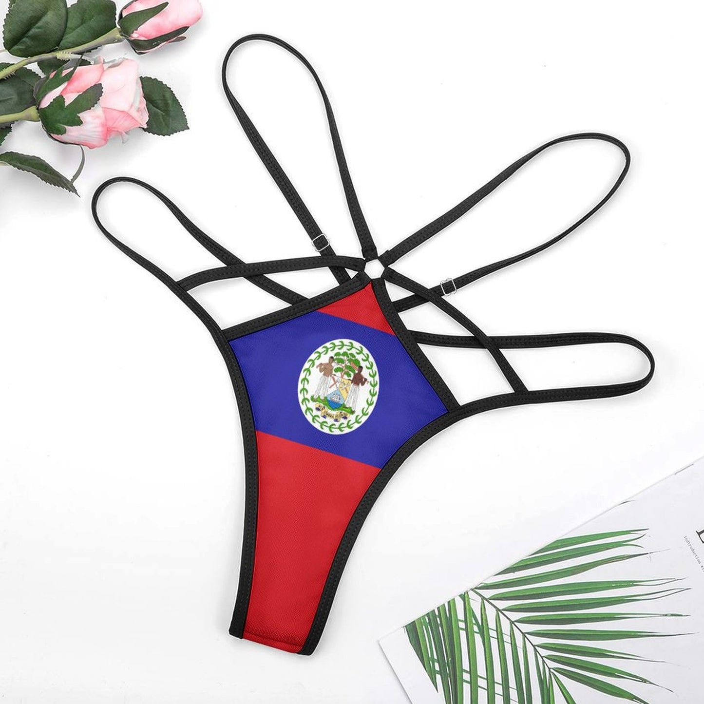 [Brand] strappy bikini bottom featuring Belize flag design, displayed.