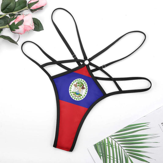[Brand] strappy bikini bottom featuring Belize flag design, displayed.