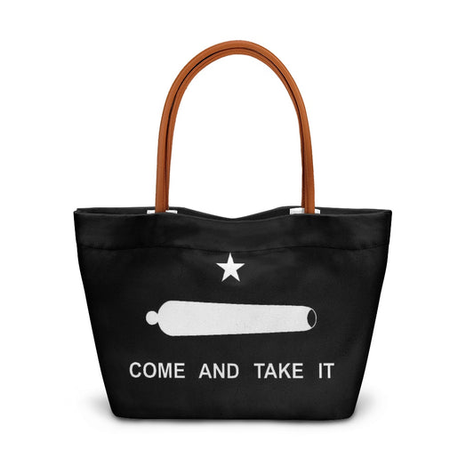 Black [Brand] tote bag with "Come and Take It."