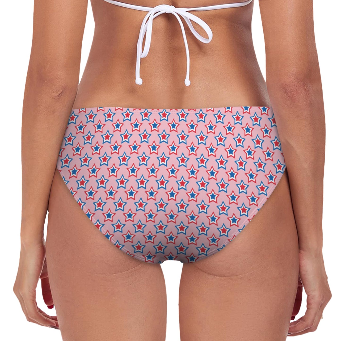 USA:American Flag Inspired Red, White & Blue Stars Pink High-Waisted Bikini Bottom