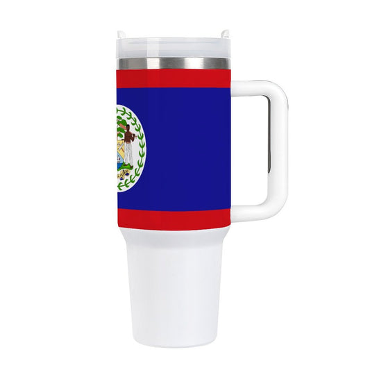 [Brand] travel mug featuring vibrant Belize flag design.
