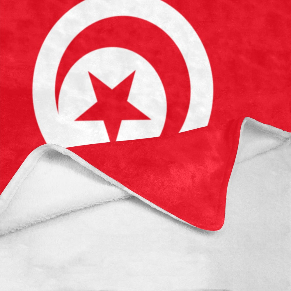 Red and white blanket featuring circle and star design, [Luv My Flag].