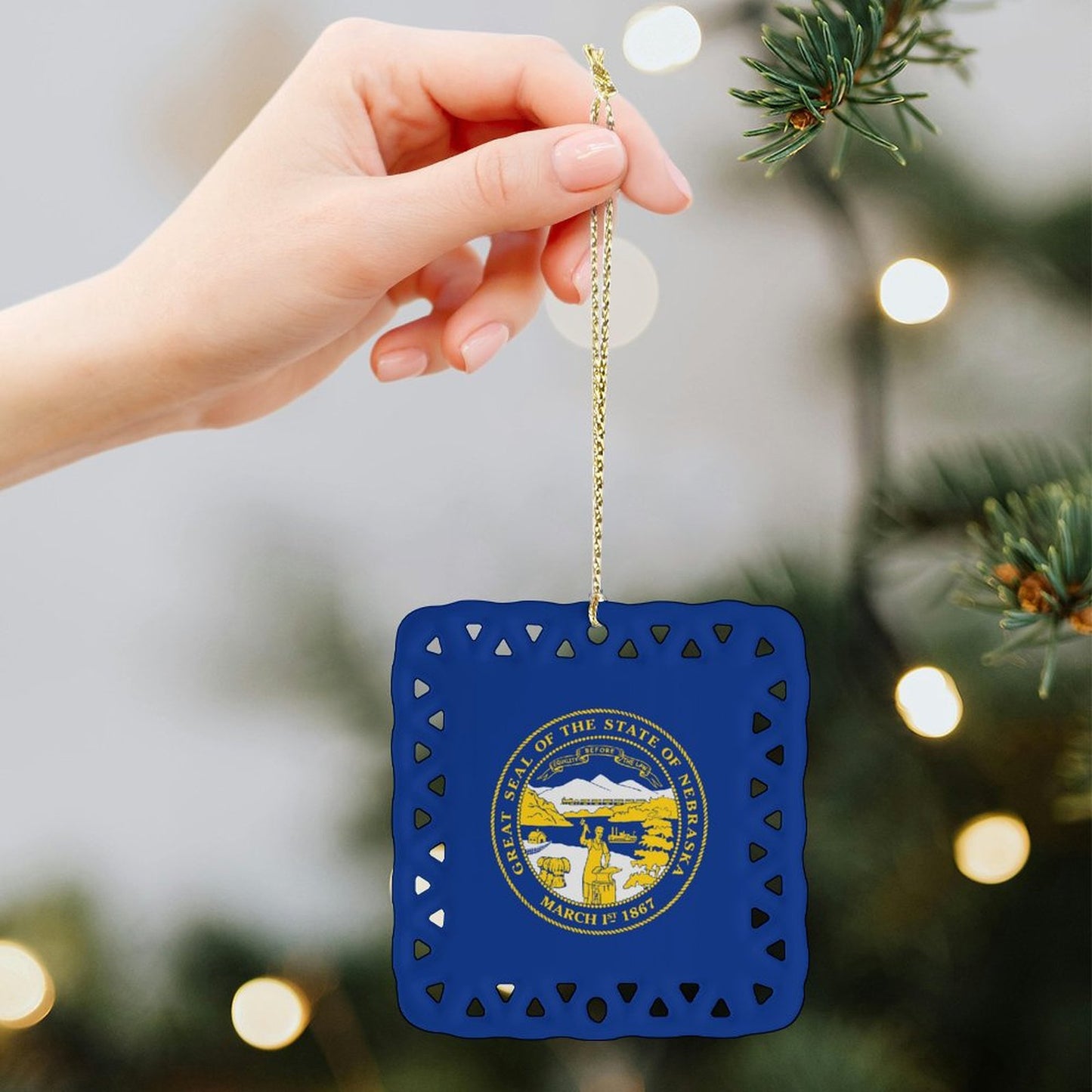 Nebraska Flag Inspired Square Ceramic Ornament Made in the USA