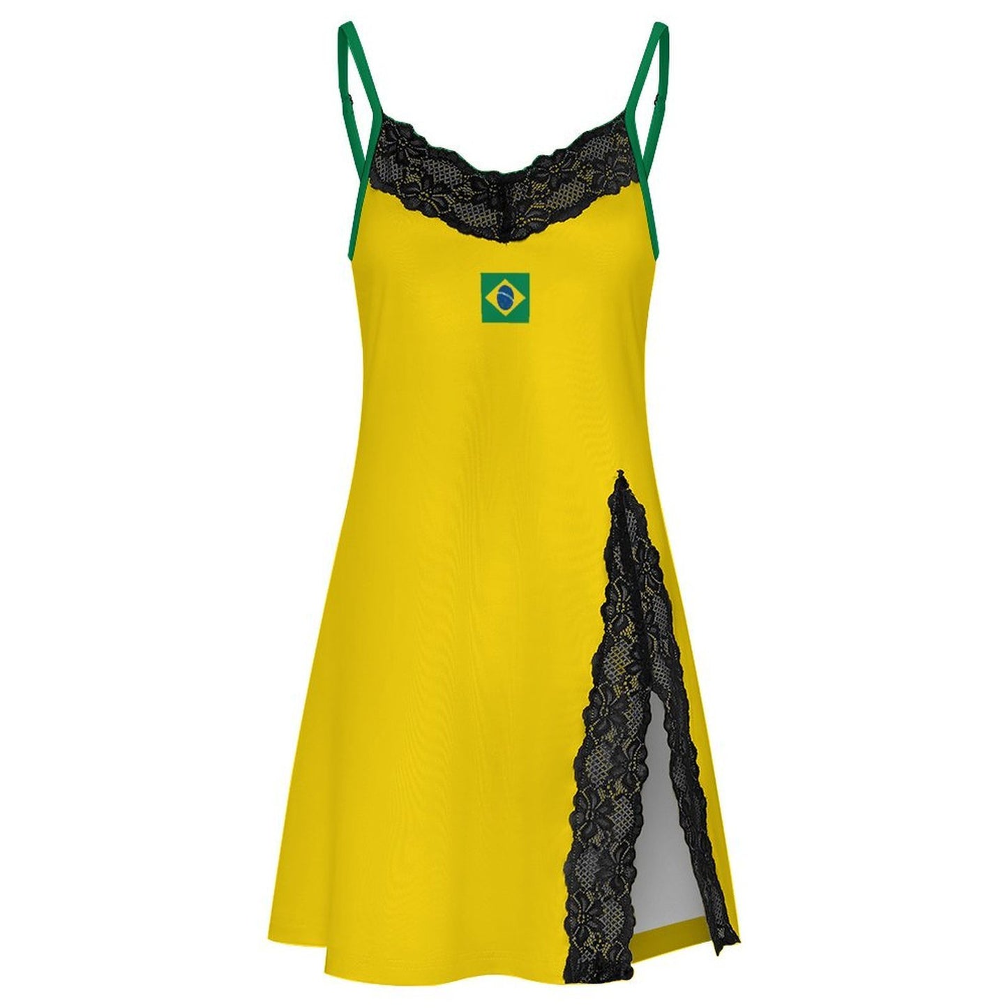 Brazil Flag Inspired Style-2 Women's Lace Slit Cami Pajama Dress