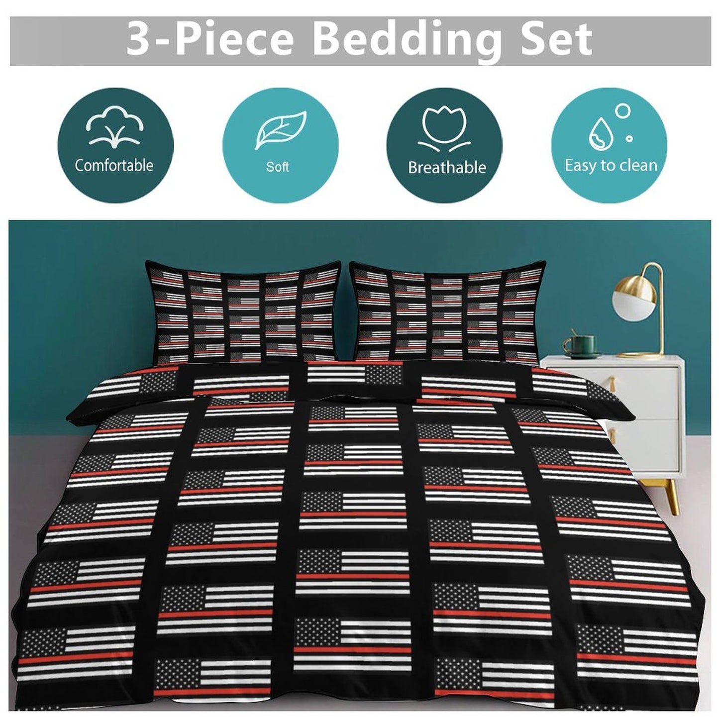Thin Red Line Flag Inspired 3-Piece Bedding Set (1 Duvet Cover + 2 Pillow Shams) – 102"×90"