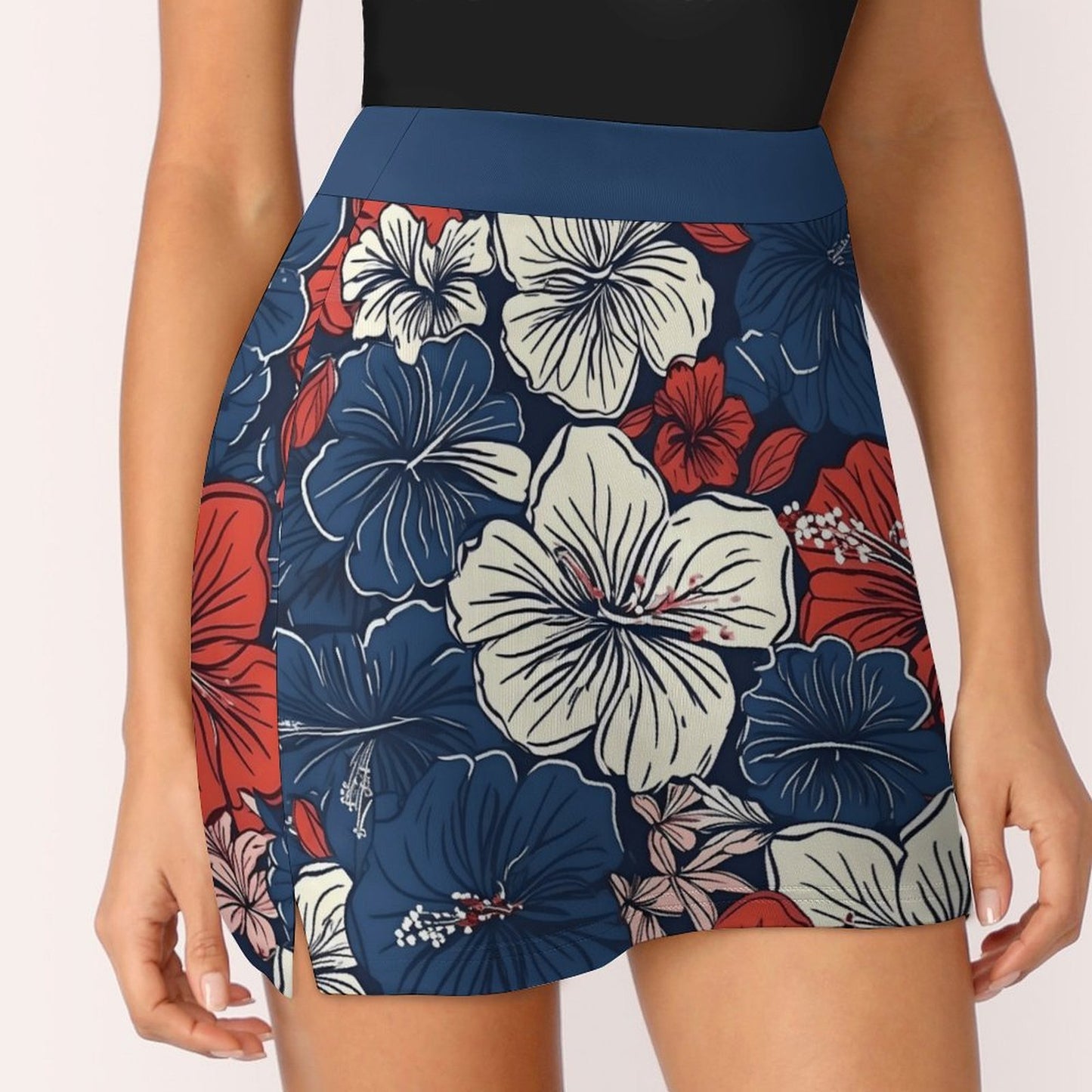 USA/American Flag Inspired Hawaiian Floral Pattern Women’s Skort with Pocket