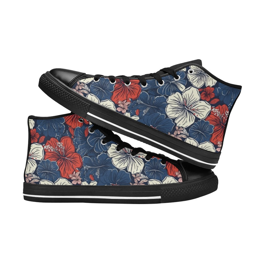 USA/American Flag Inspired Hawaiian Floral Pattern Kid's High Top Canvas Shoes