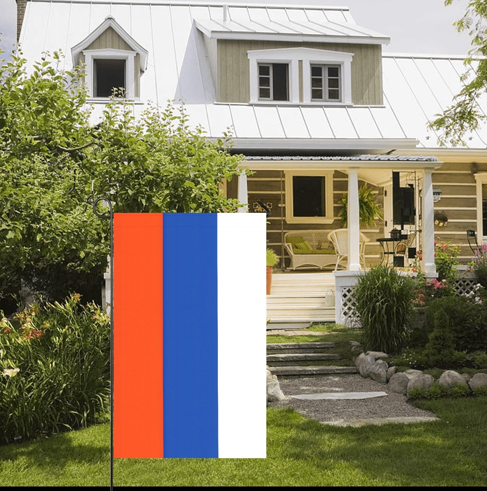 [Luv My Flag] red, blue, white flag outside charming house.