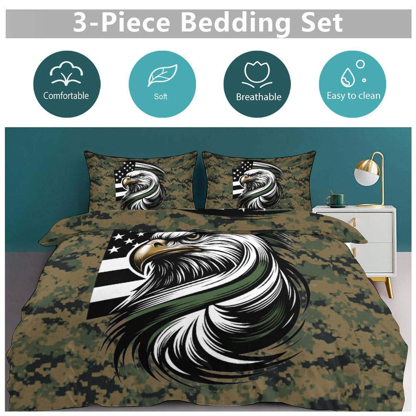 Thin Green Line Flag Inspired Eagle On Digital Camo 3-Piece Bedding Set (1 Duvet Cover + 2 Pillow Shams) – 102"×90"