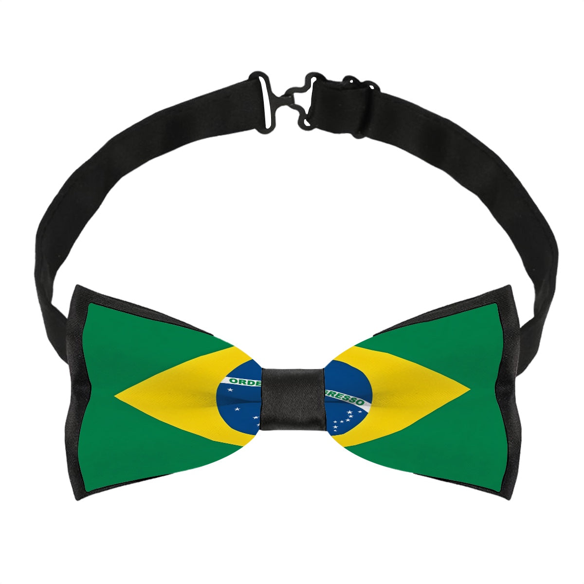 [Brand] bow tie featuring Brazilian flag design, vivid colors.