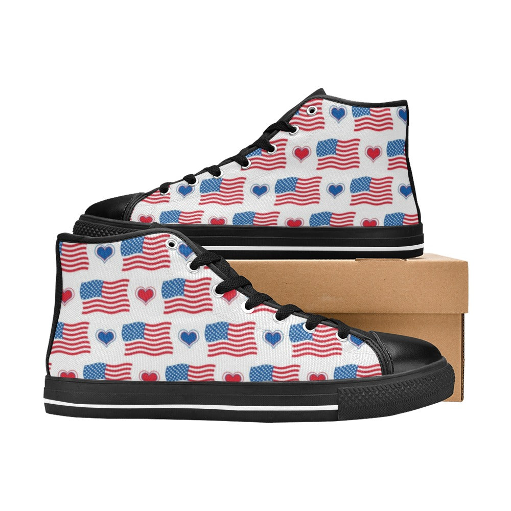 USA/American Flag Inspired Flag and Hearts Pattern Kid's High Top Canvas Shoes