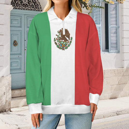 Mexico Flag Women's Quarter Zip Pullover Sweatshirt