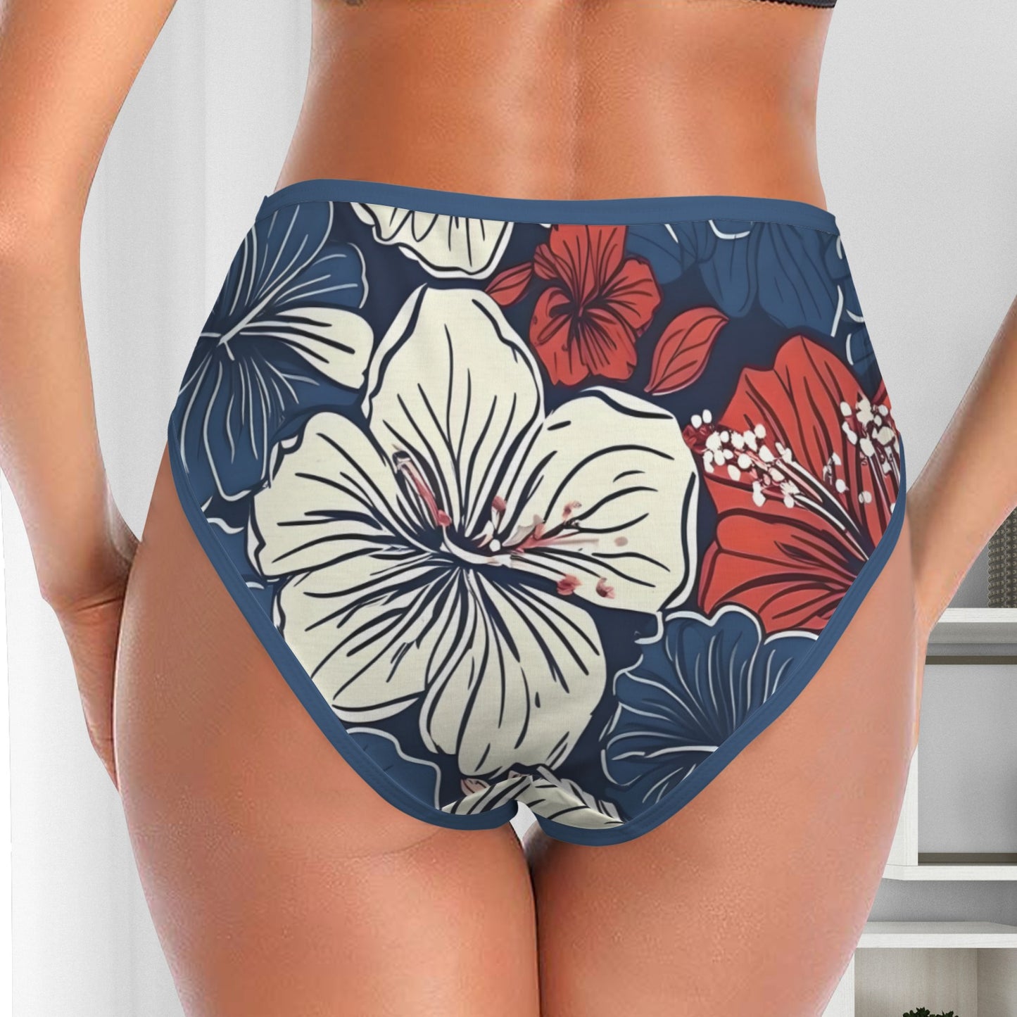 USA/American Flag Inspired Hawaiian Floral Pattern Women's High Waisted Brief