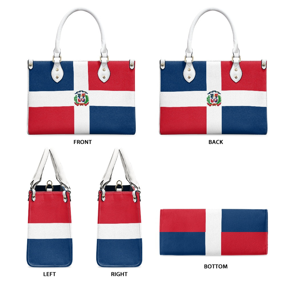 [Brand] handbag featuring Dominican flag design, various views shown.