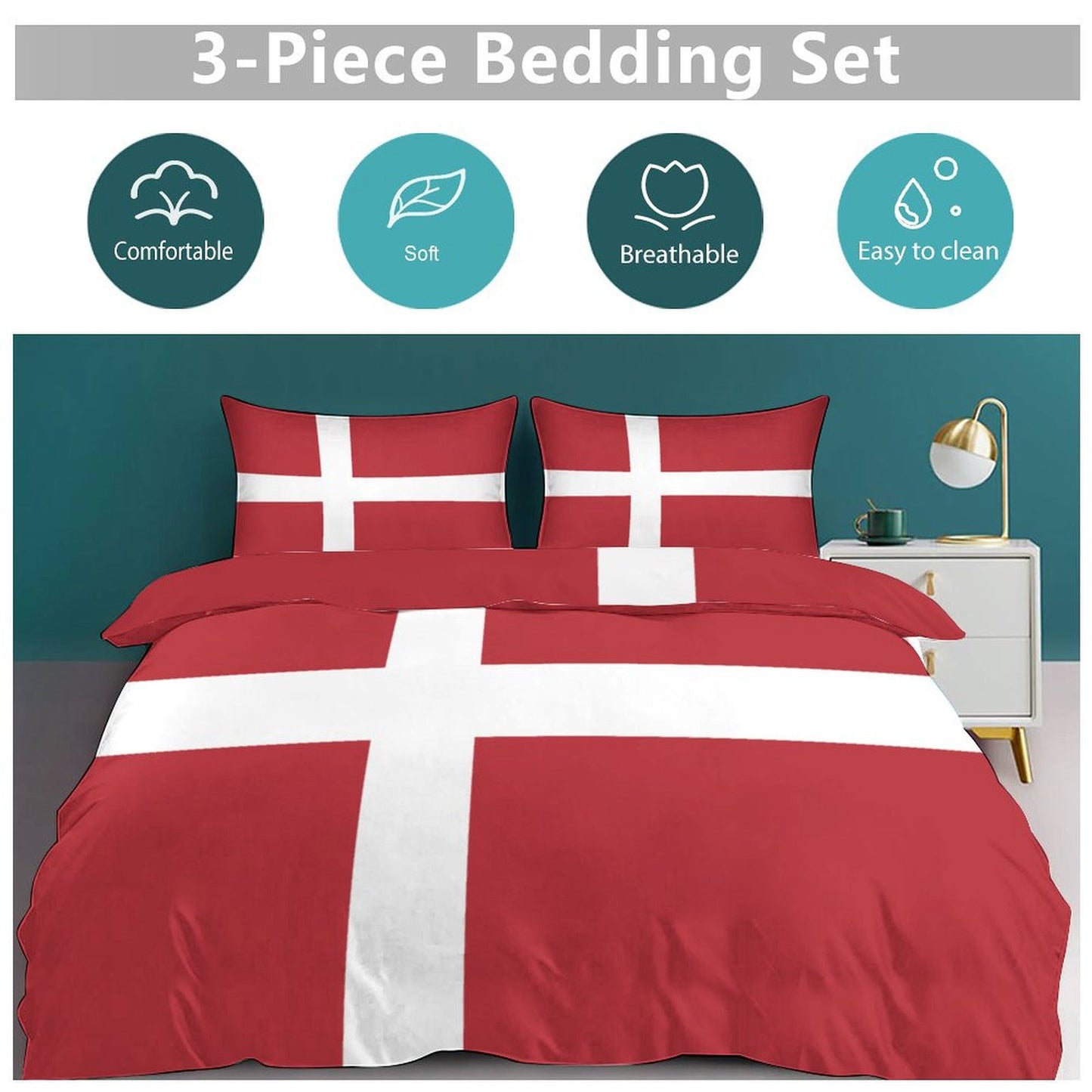 Denmark Flag Inspired 3-Piece Bedding Set (1 Duvet Cover + 2 Pillow Shams) – 102"×90"