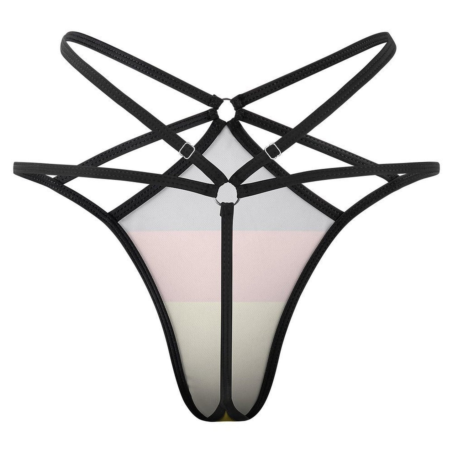 Black strappy thong from [Brand], detailed with geometric straps.