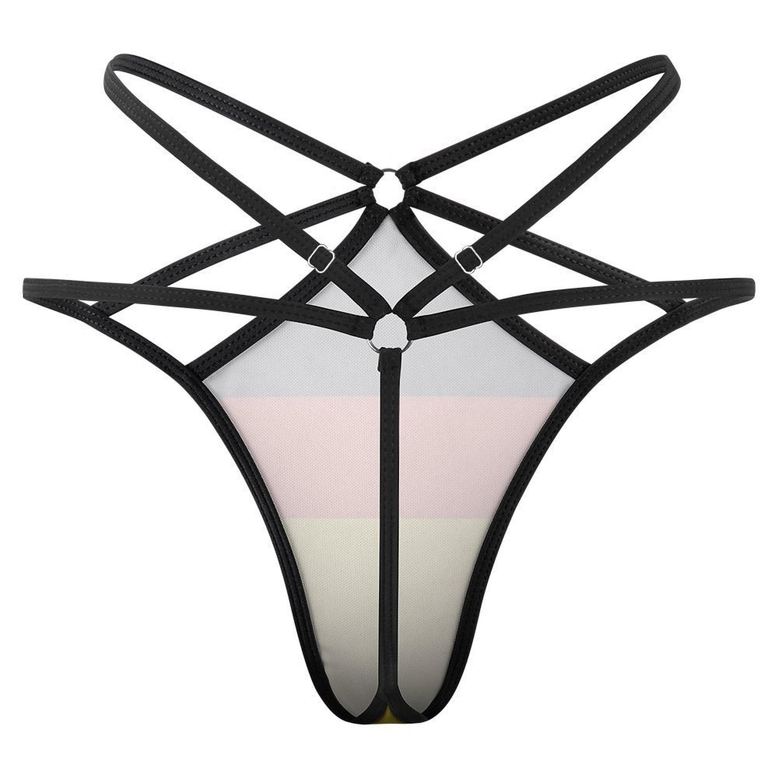 Black strappy thong from [Brand], detailed with geometric straps.