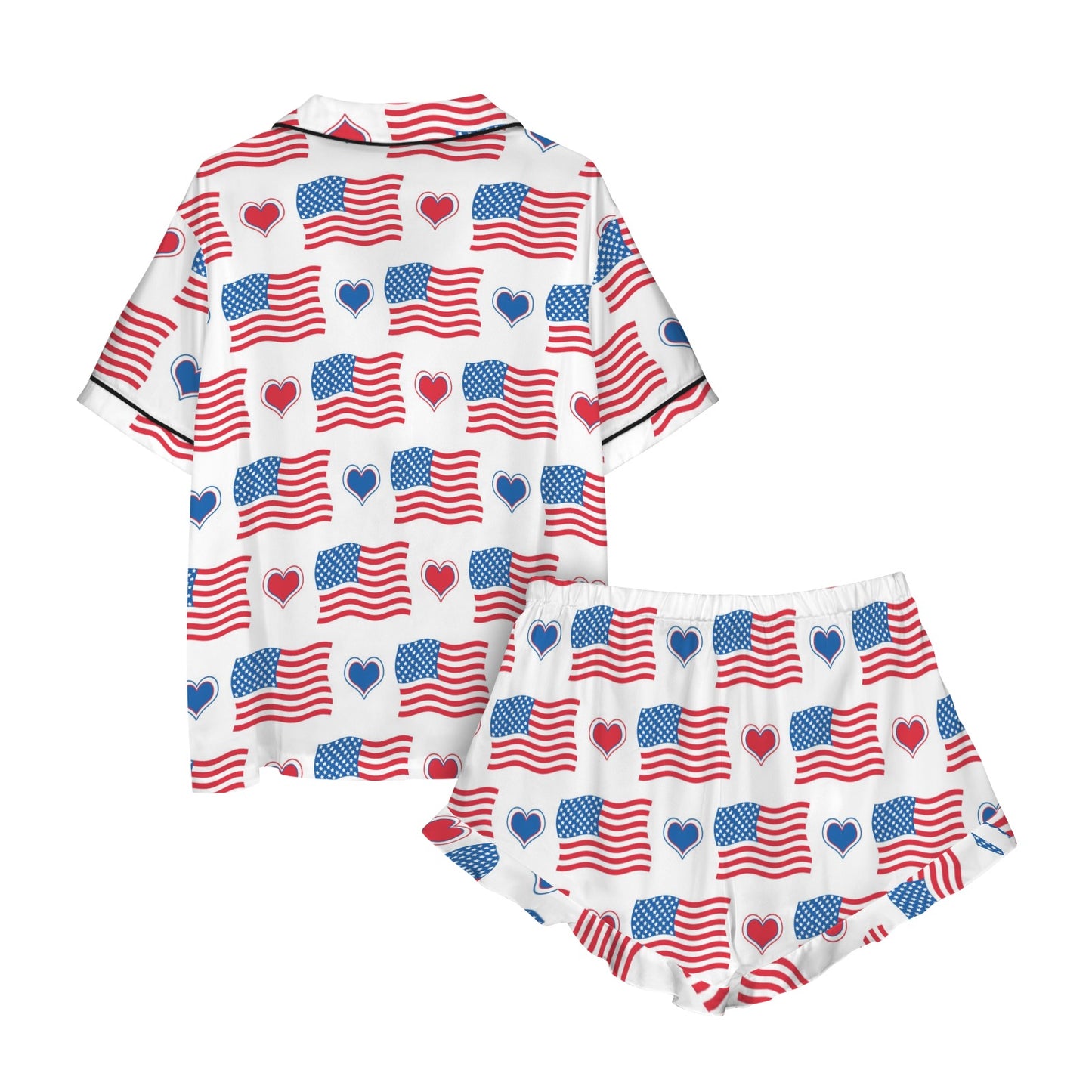 [Brand] USA-themed pajamas with flags and hearts pattern.