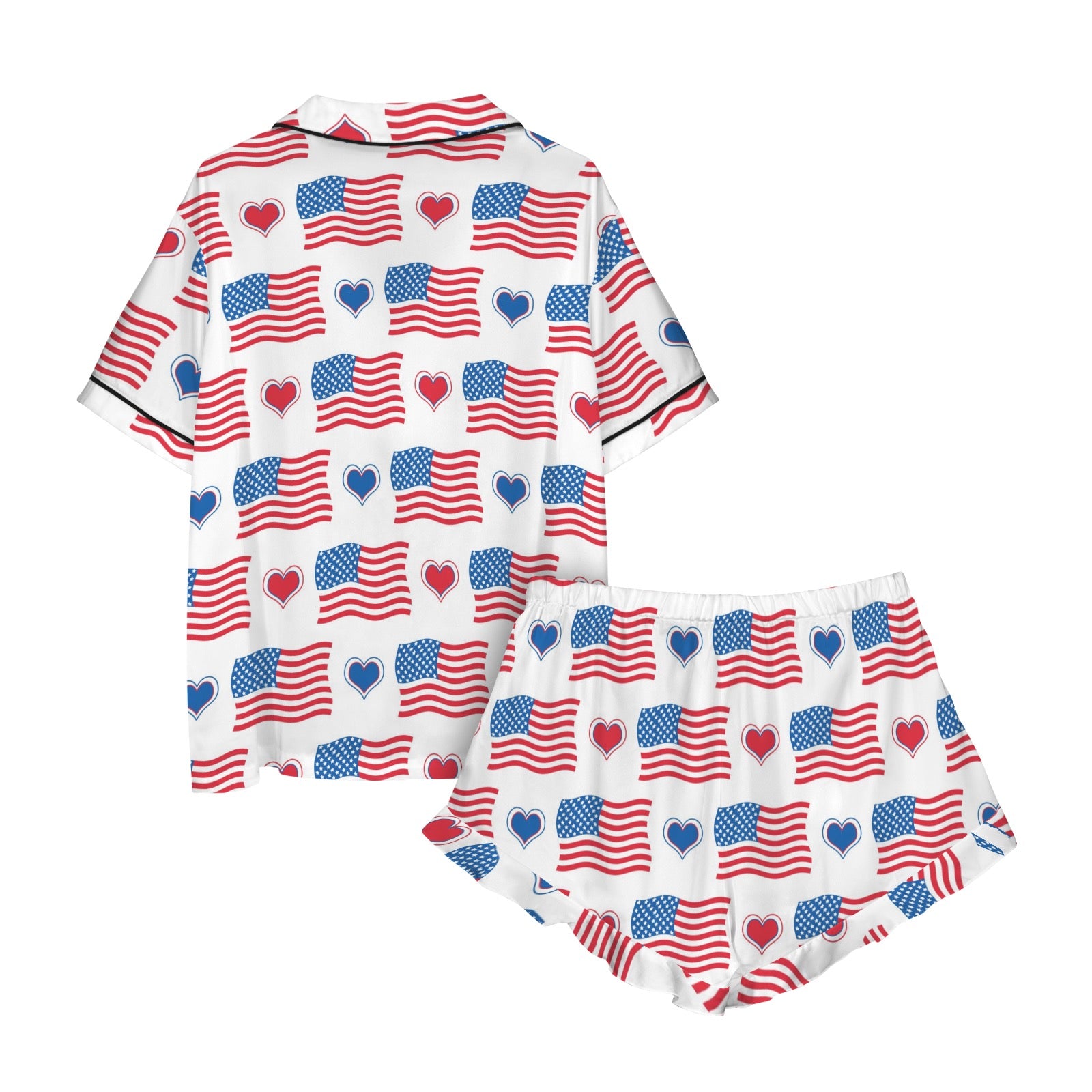 [Brand] USA-themed pajamas with flags and hearts pattern.