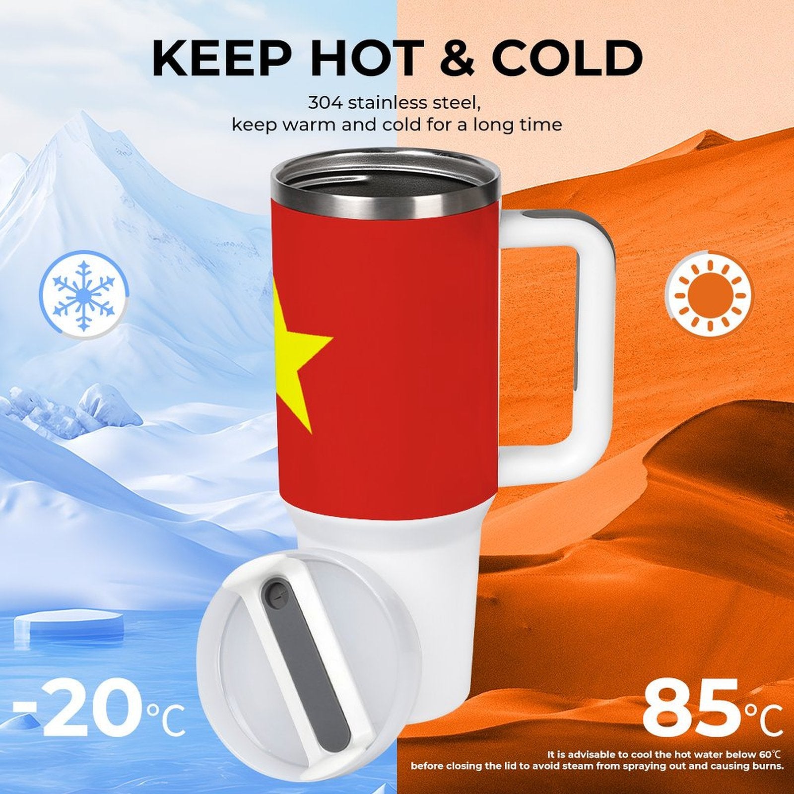 Insulated [Brand] tumbler keeps drinks hot or cold efficiently.