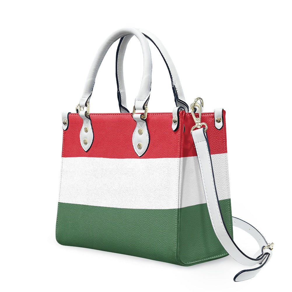 [Brand] handbag with red, white, and green stripes.