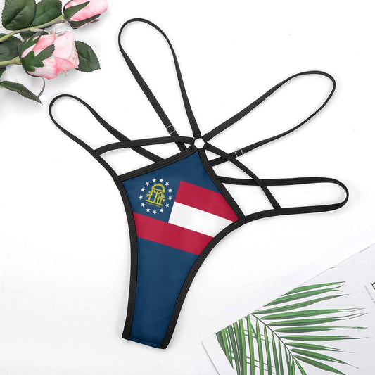 A [Brand] bikini features Georgia state flag and straps.