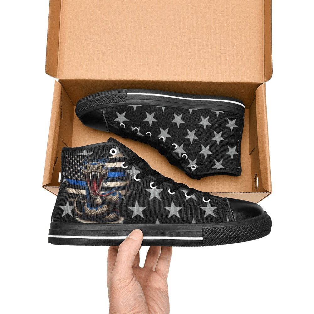 Thin Blue Line Flag Inspired Snake Kid's High Top Canvas Shoes