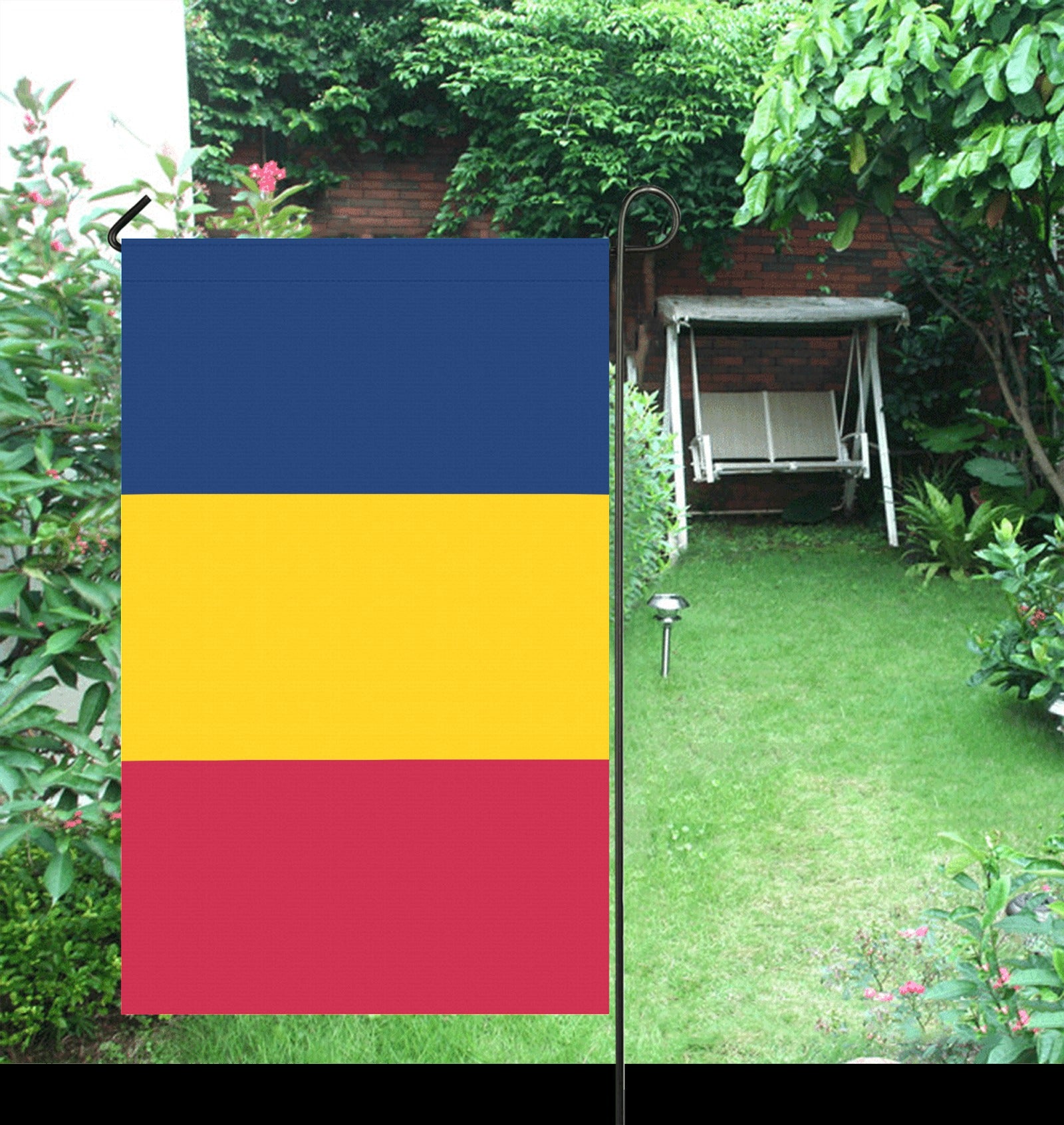Garden with [Luv My Flag], colorful tricolor, neatly displayed.