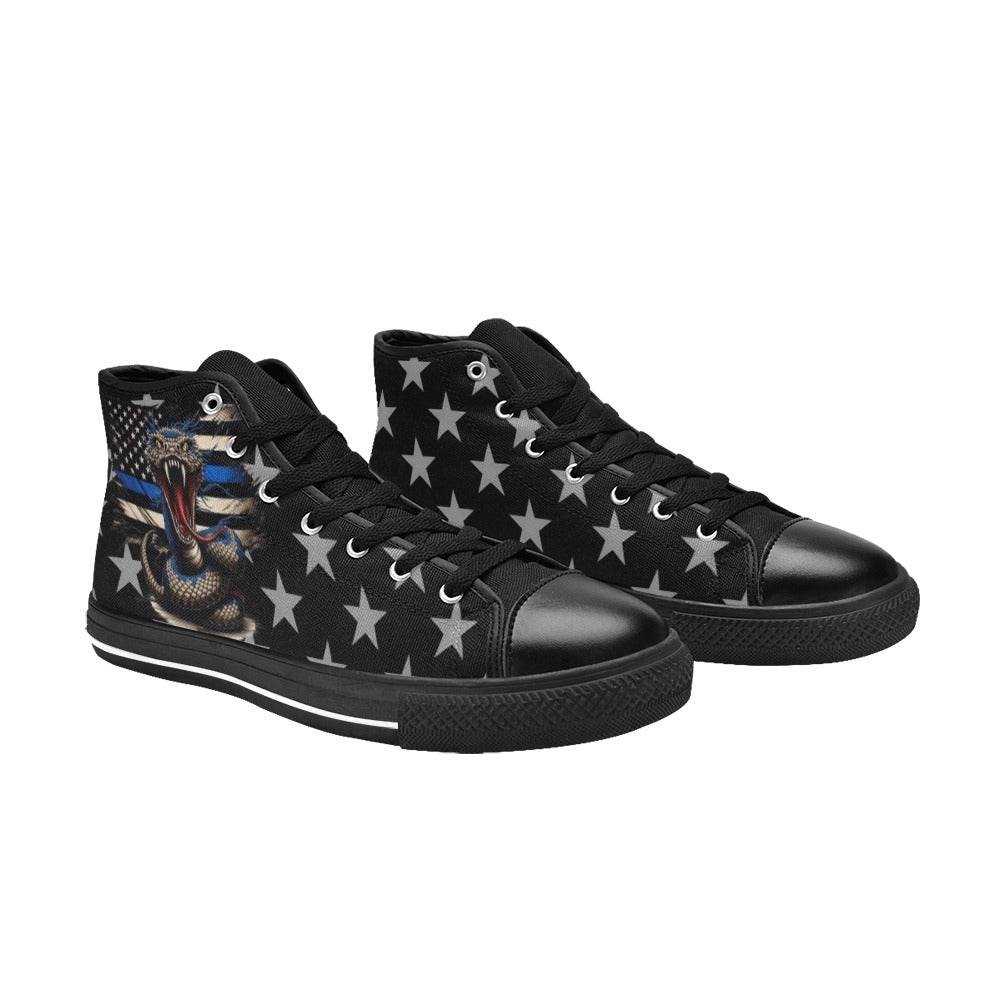 Thin Blue Line Flag Inspired Snake Kid's High Top Canvas Shoes