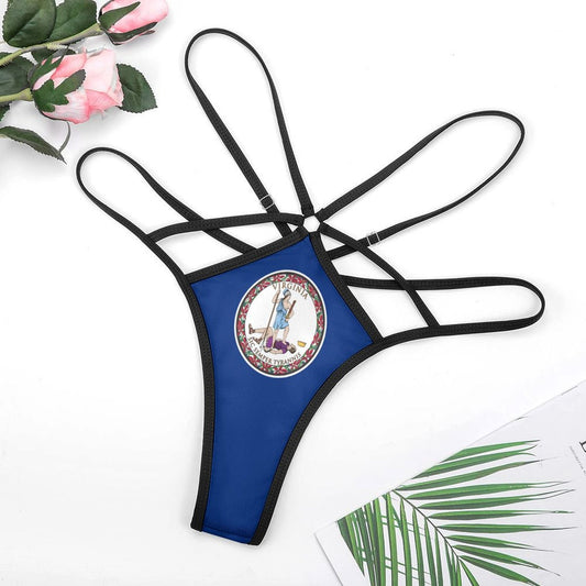 [Brand] blue strappy lingerie with Virginia seal design detail.