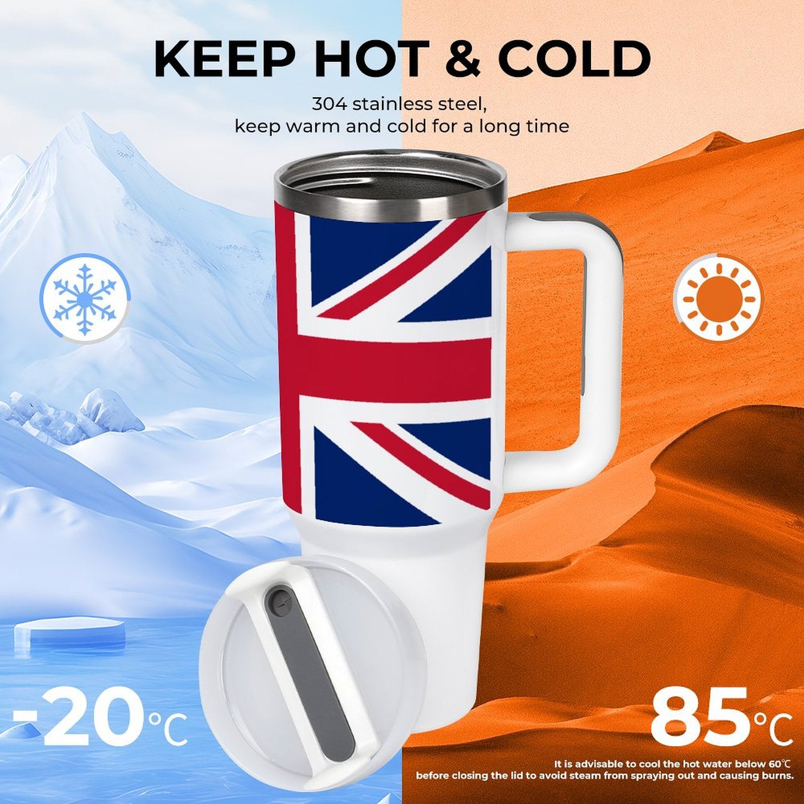 Thermal mug with flag design, keeps drinks hot or cold.
