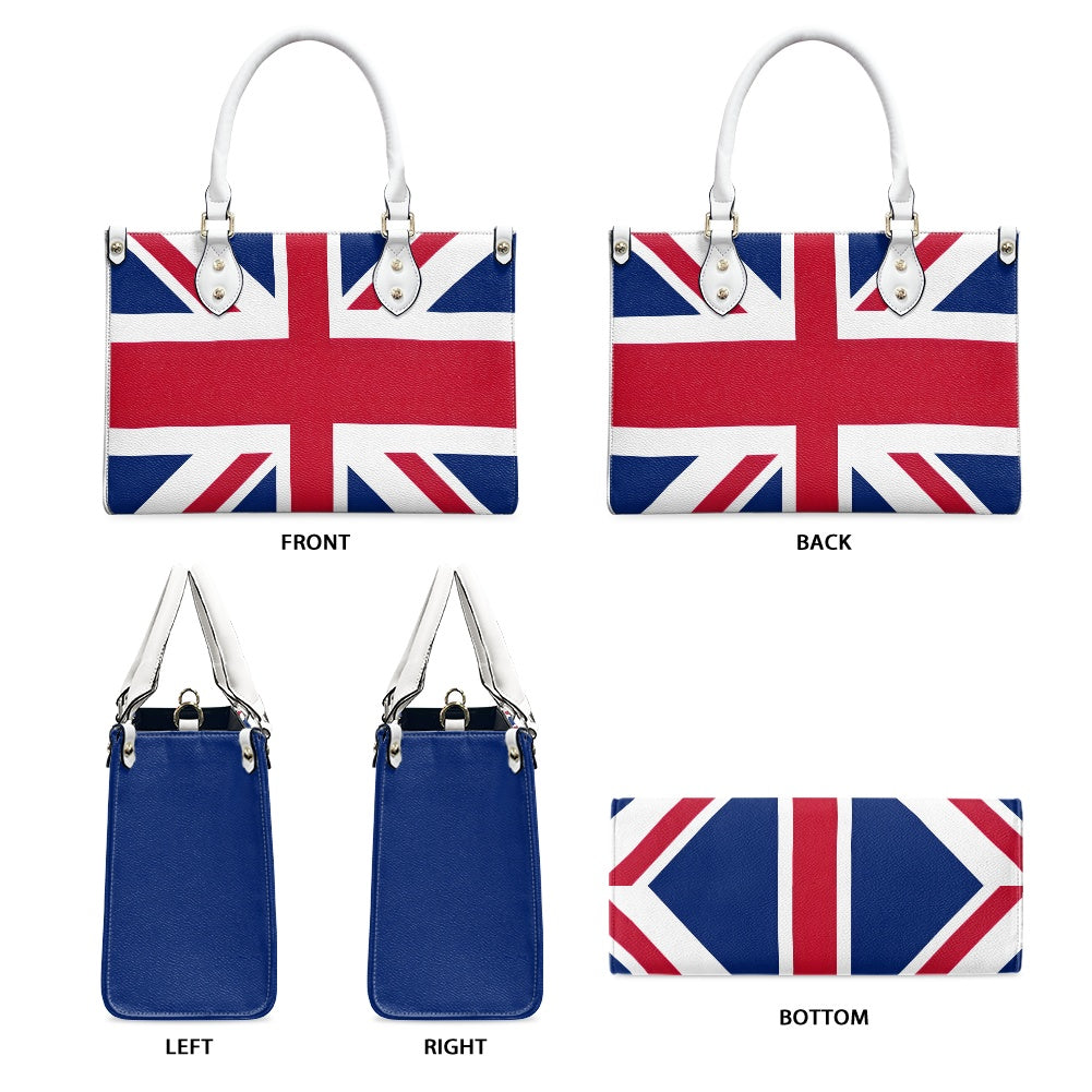 [Brand] handbag with Union Jack design, multi-angle views shown.
