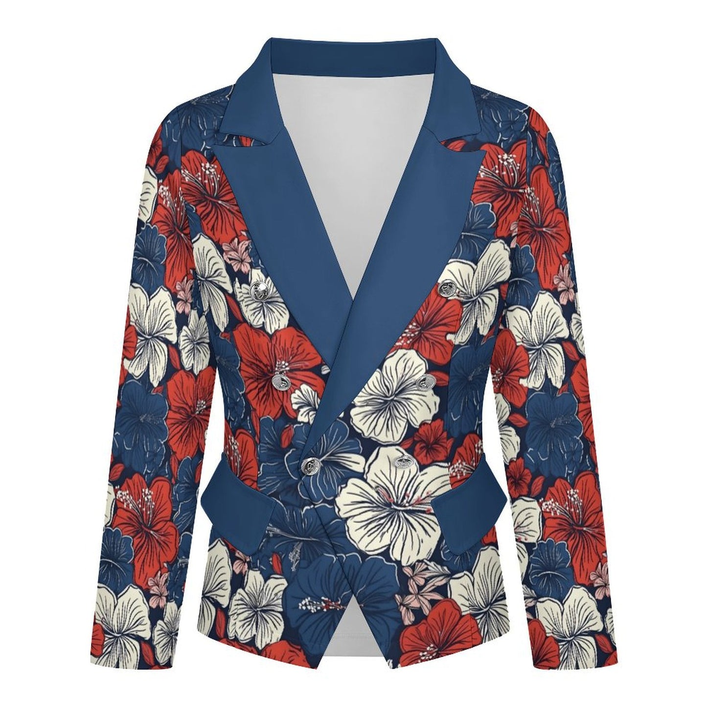 USA/American Flag Inspired Hawaiian Floral Pattern Women’s Double Breasted Blazer