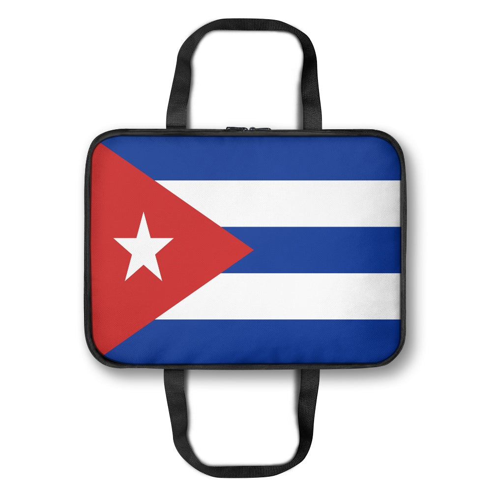 [Brand] laptop case with Cuban flag design, black handles.