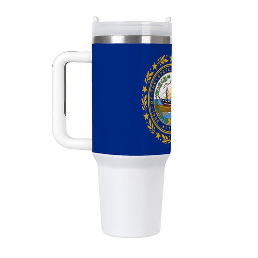 [Brand] travel mug with New Hampshire state flag design.
